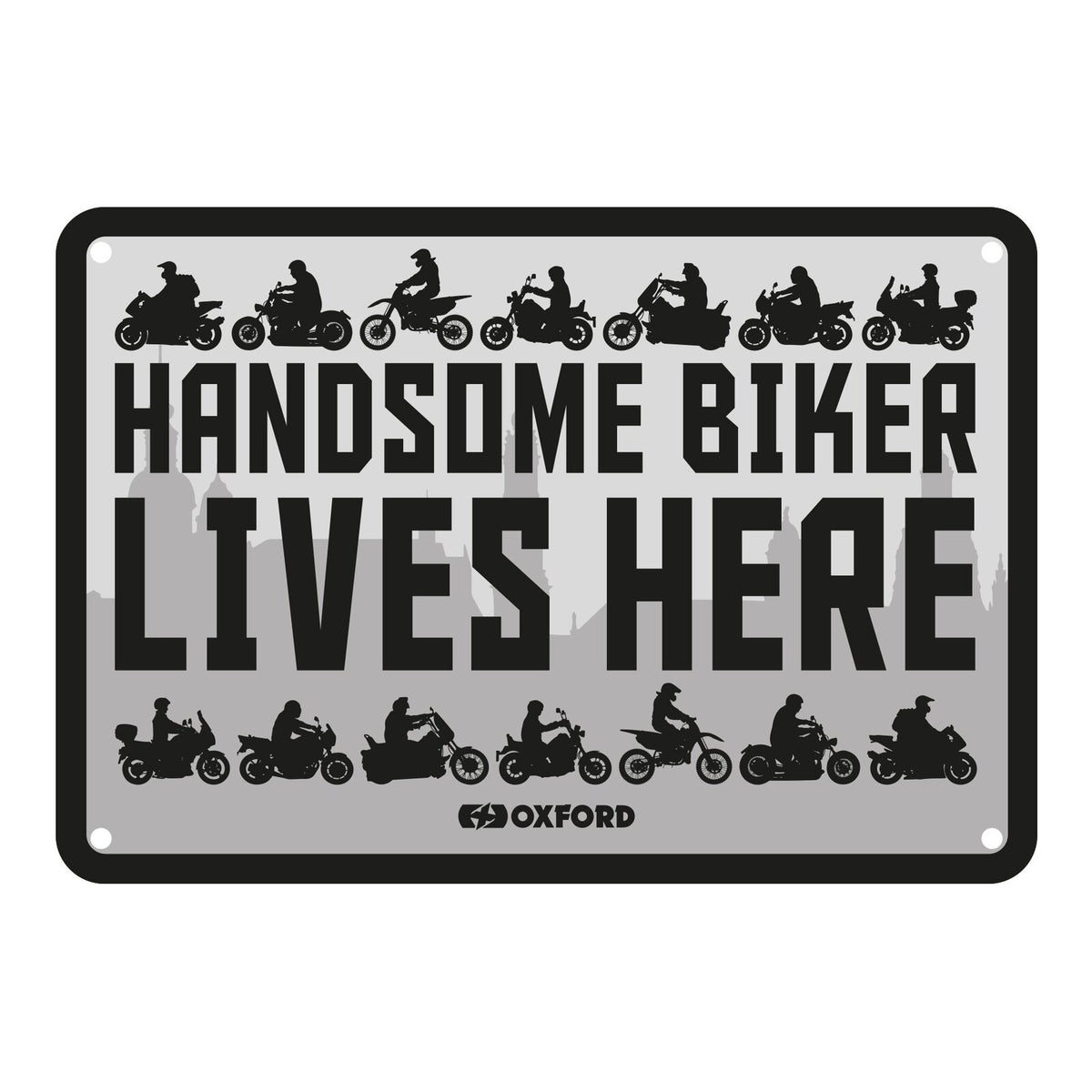 Oxford Garage Metal Sign: Handsome Biker Lives Here