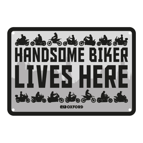 Oxford Garage Metal Sign: Handsome Biker Lives Here