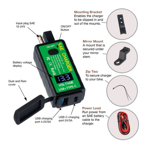 Motoplug SAE to USB with Voltmeter - 1 x USB-A & 1 x USB-C